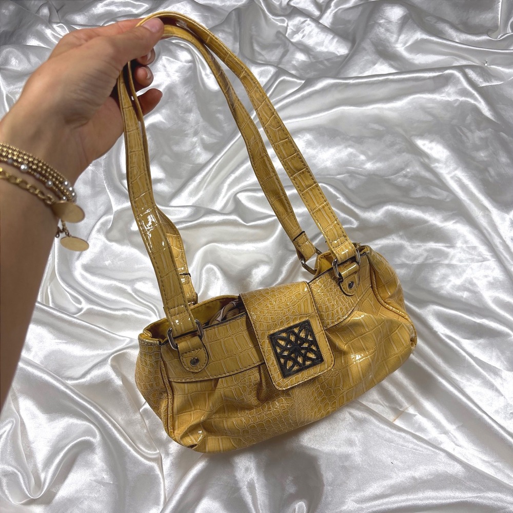 y2k Shoulder Bag Yellow Excellent Croc Embossed Faux Leather Filigree Buckle